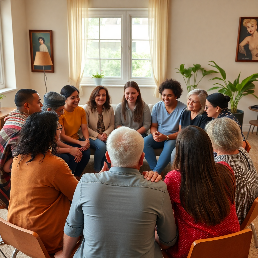 supportive community meeting, diverse group of people in a circle, warm and safe environment